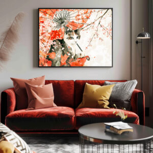 Poster: Geisha Cat with Parasol and Cherry Blossoms in Chinese Ink Painting