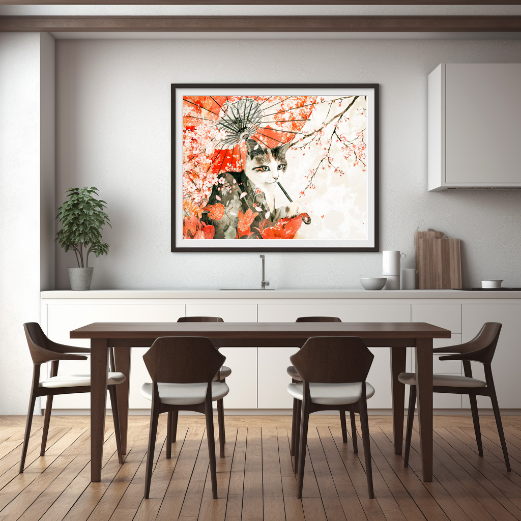 Poster: Geisha Cat with Parasol and Cherry Blossoms in Chinese Ink Painting – Bild 3