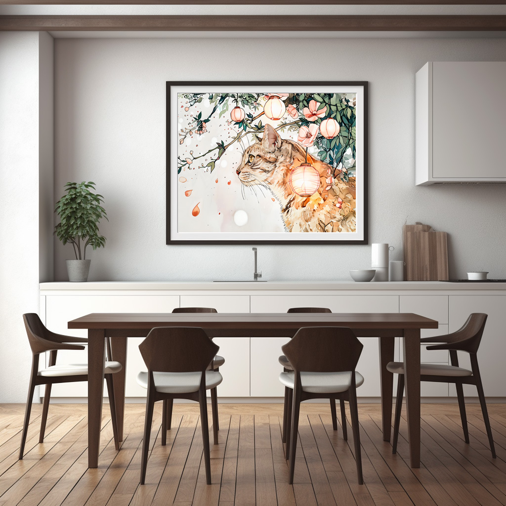 Poster: Tabby Geisha Cat Among Glowing Lanterns in Chinese Ink Painting Style