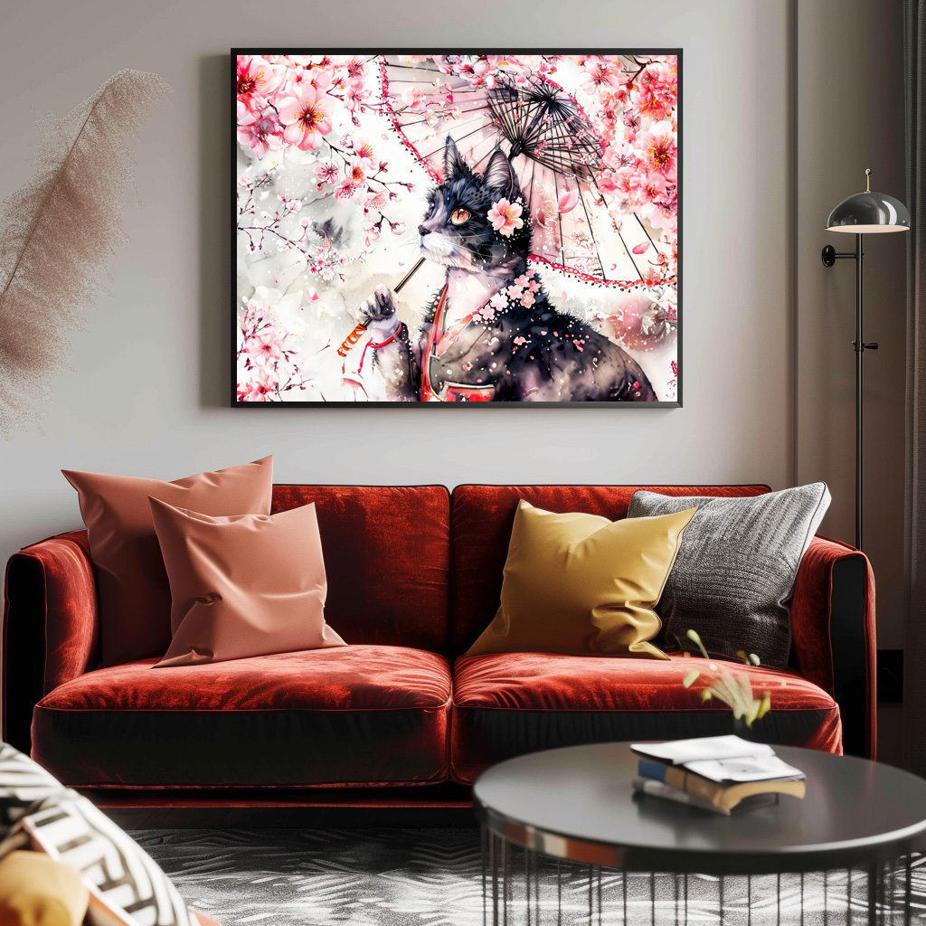 Poster: Geisha Cat with Parasol and Cherry Blossoms in Chinese Ink Painting