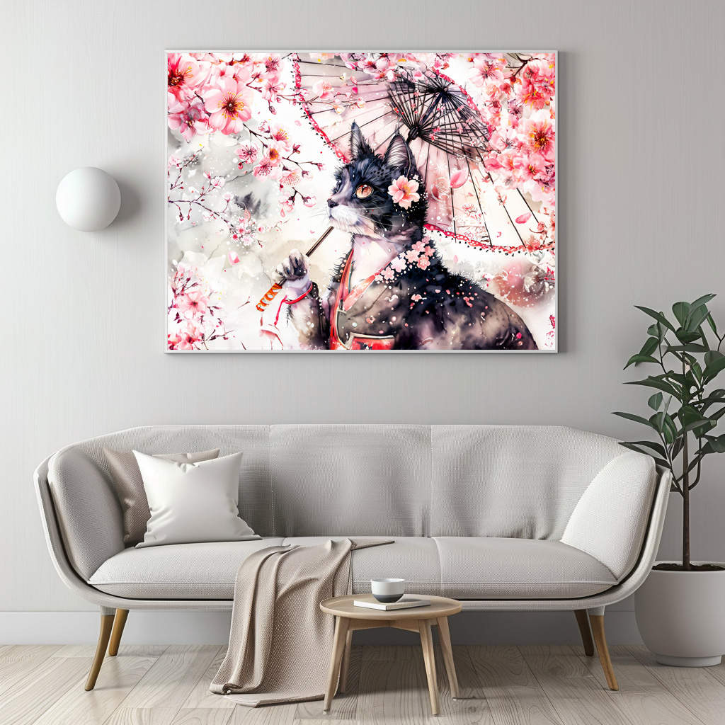Poster: Geisha Cat with Parasol and Cherry Blossoms in Chinese Ink Painting – Bild 2