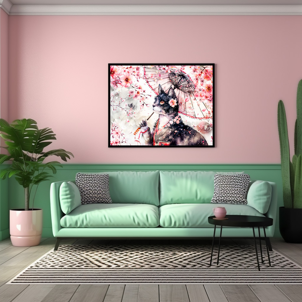 Poster: Geisha Cat with Parasol and Cherry Blossoms in Chinese Ink Painting – Bild 3