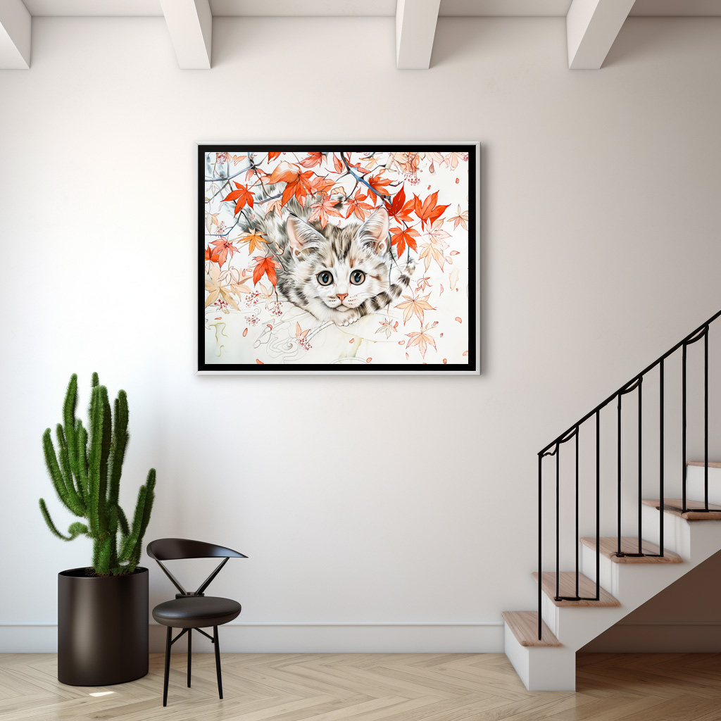 Poster: Curious Kitten in Autumn Leaves in Chinese Ink Painting Style - immagine 2