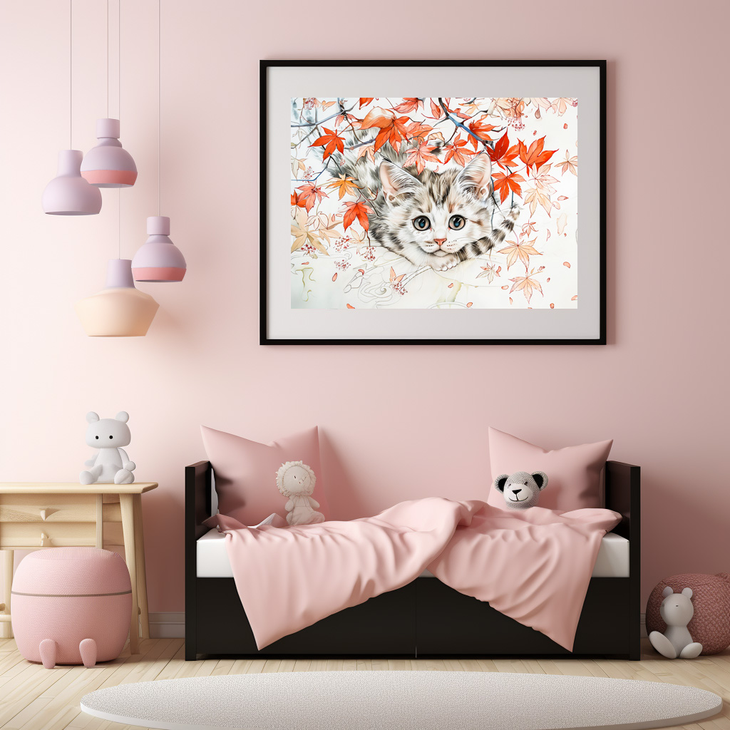Poster: Curious Kitten in Autumn Leaves in Chinese Ink Painting Style