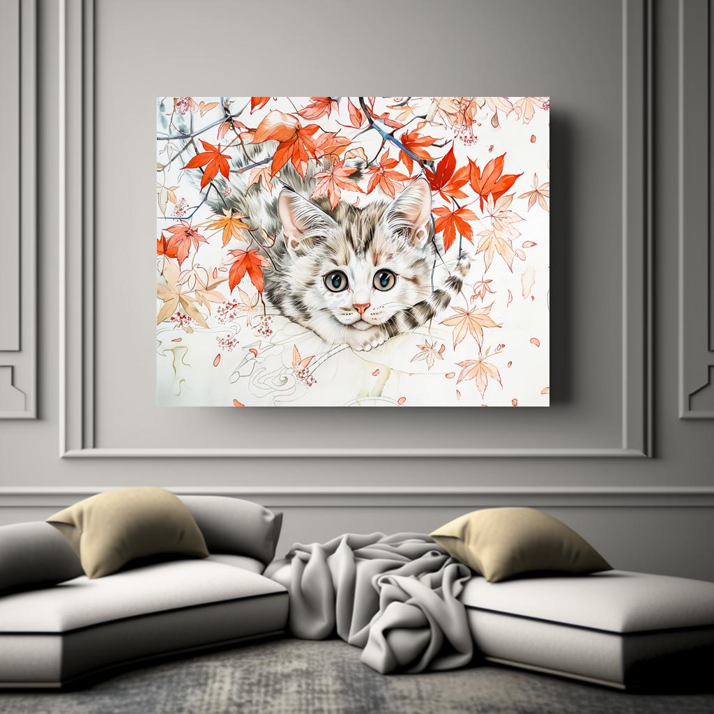 Poster: Curious Kitten in Autumn Leaves in Chinese Ink Painting Style - immagine 3