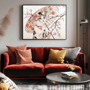 Poster: Graceful Geisha Cat with Ornate Parasol and Cherry Blossoms
