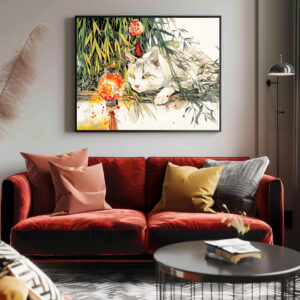 Poster: White Geisha Cat with in Bamboo Forest Chinese Ink Painting Style