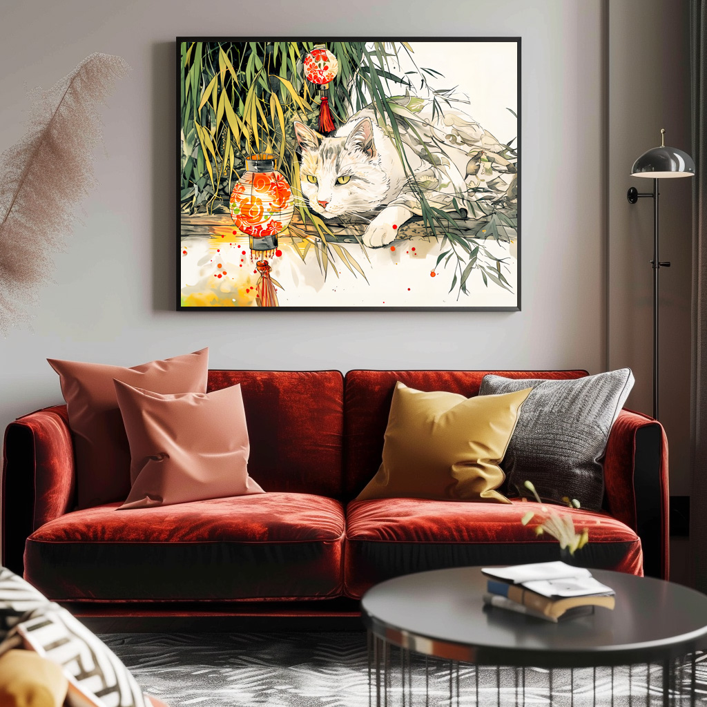Poster: White Geisha Cat with in Bamboo Forest Chinese Ink Painting Style