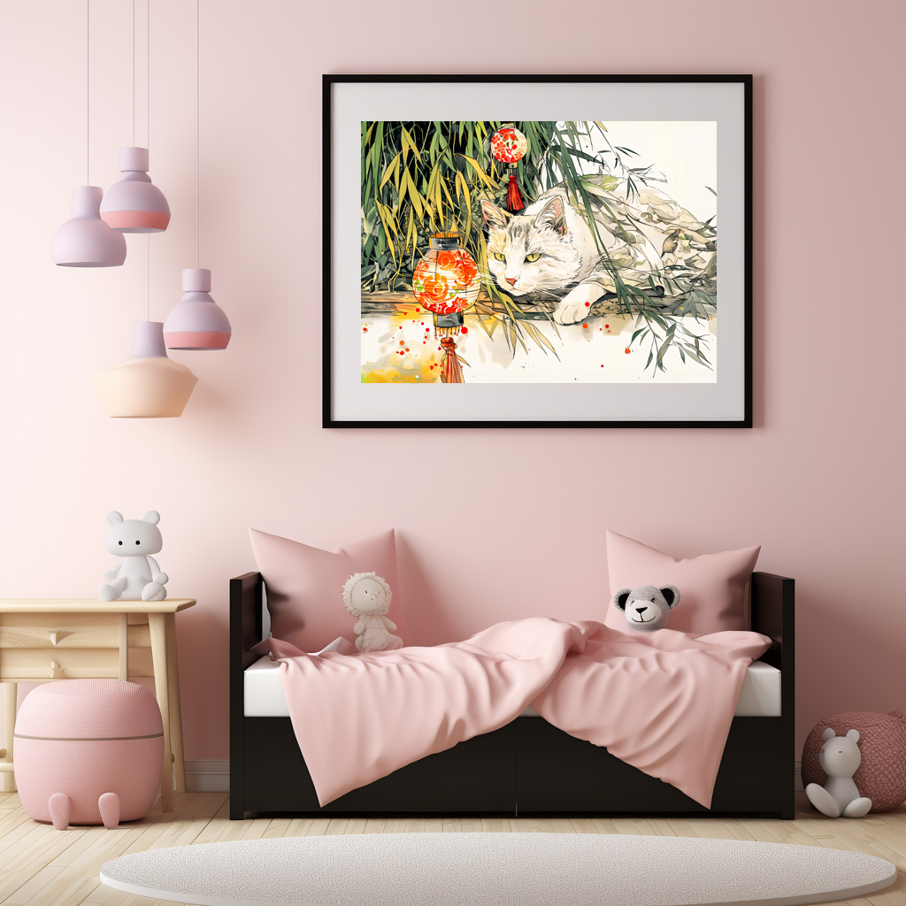 Poster: White Geisha Cat with in Bamboo Forest Chinese Ink Painting Style – Bild 2