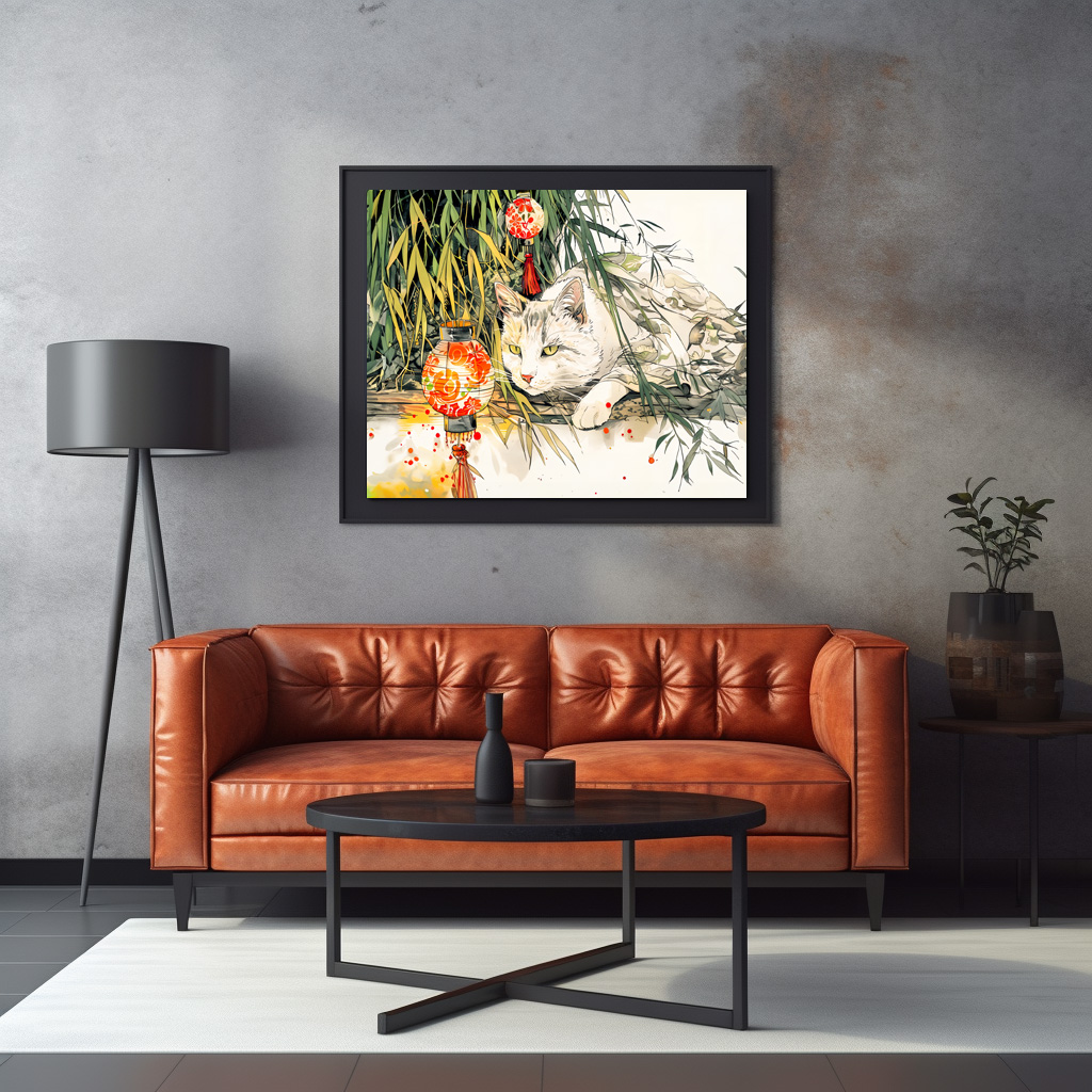 Poster: White Geisha Cat with in Bamboo Forest Chinese Ink Painting Style – Bild 3