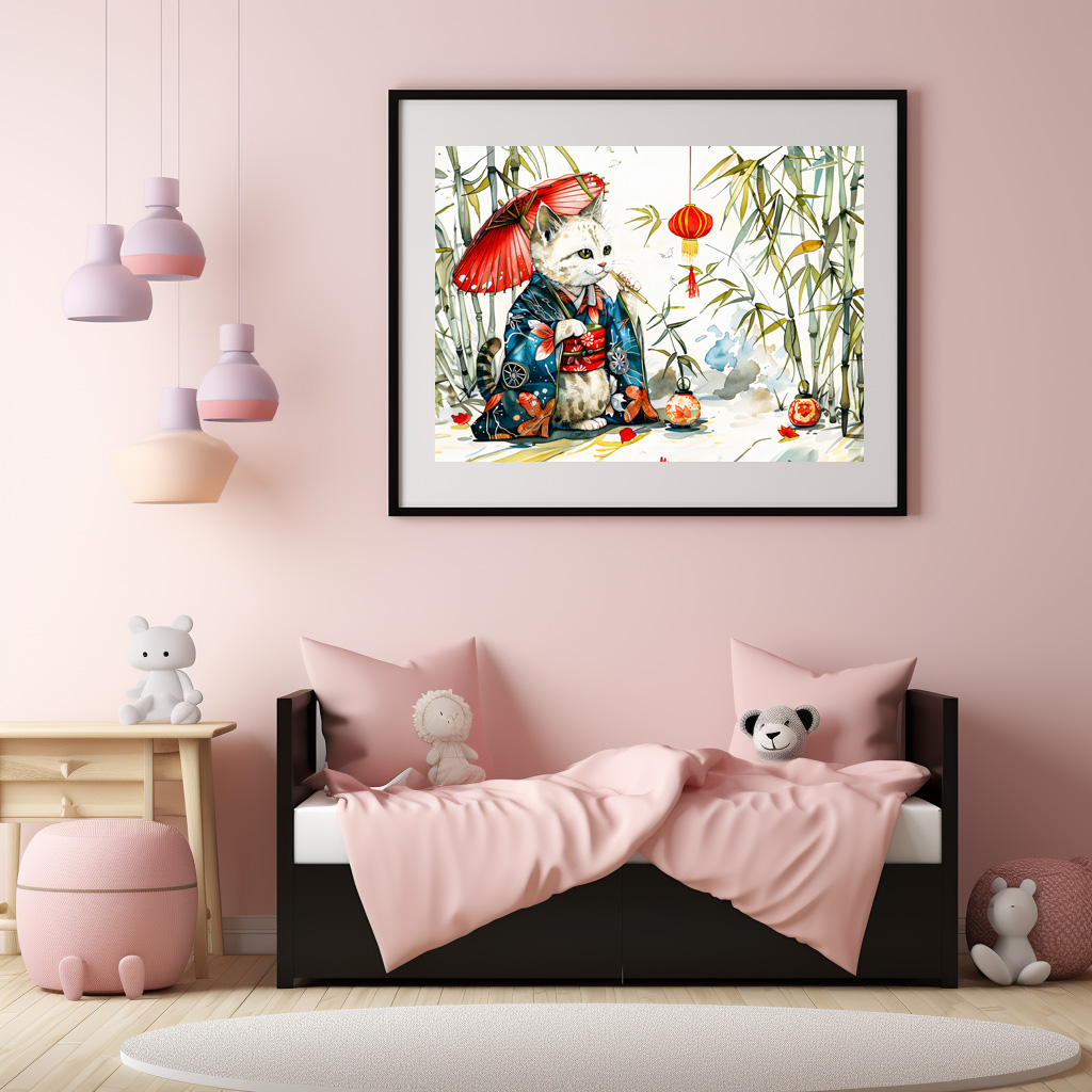 Poster: White Geisha Cat with Red Umbrella in Bamboo Forest – Chinese Ink Painting Style - immagine 2