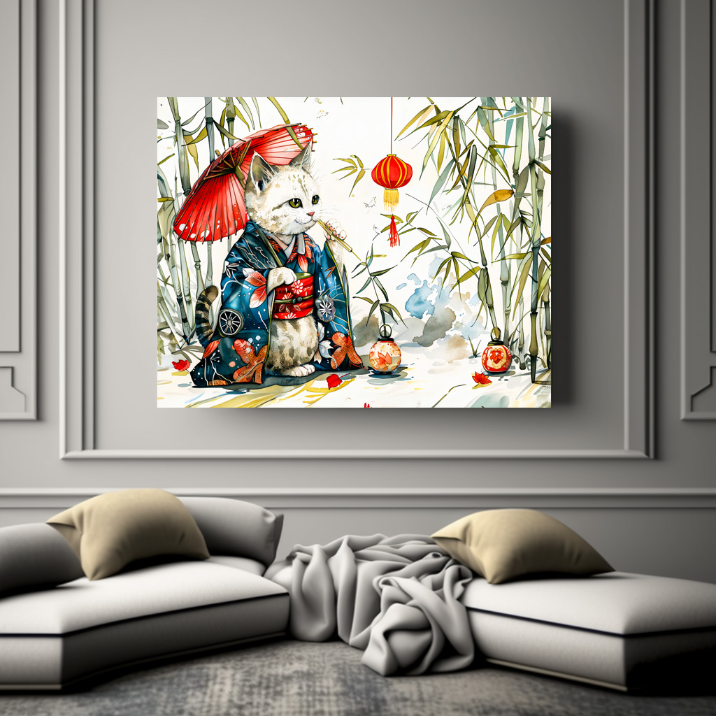 Poster: White Geisha Cat with Red Umbrella in Bamboo Forest – Chinese Ink Painting Style