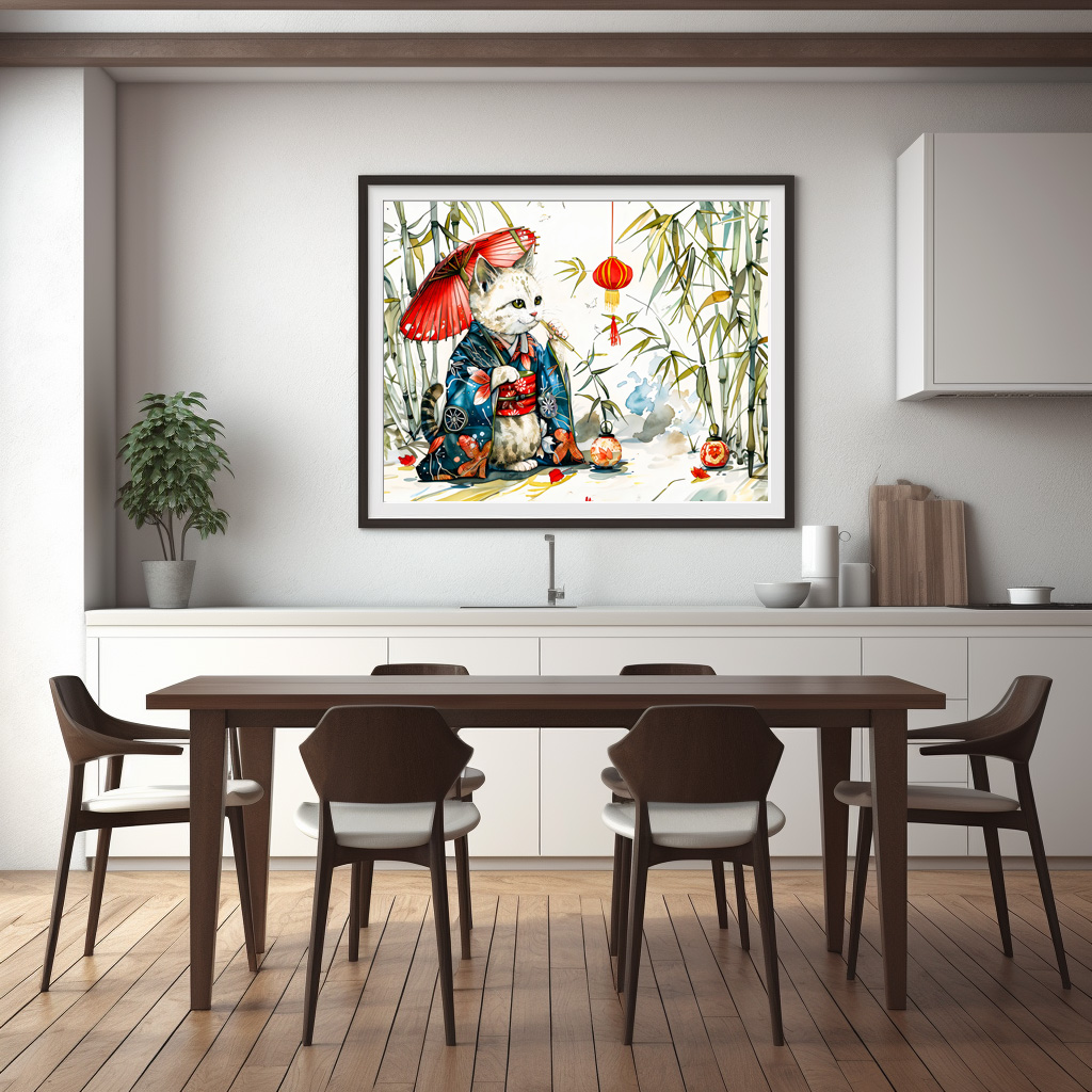 Poster: White Geisha Cat with Red Umbrella in Bamboo Forest – Chinese Ink Painting Style - immagine 3