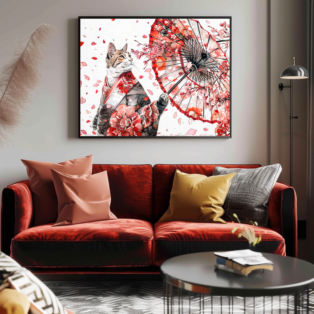 Poster: Elegant Geisha Cat with Red Umbrella and Cherry Blossoms Asian Ink Art