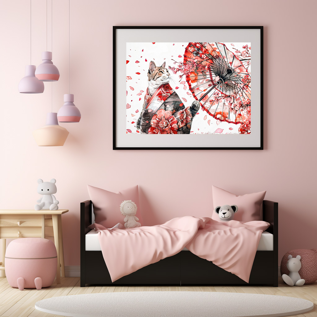 Poster: Elegant Geisha Cat with Red Umbrella and Cherry Blossoms Asian Ink Art – Bild 2