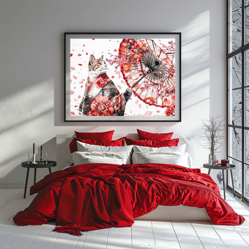 Poster: Elegant Geisha Cat with Red Umbrella and Cherry Blossoms Asian Ink Art – Bild 3