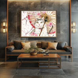 Poster: Geisha Cat with Parasol and Cherry Blossoms in Chinese Ink Painting