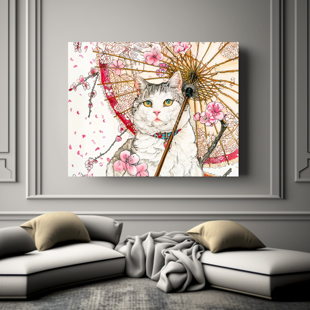 Poster: Geisha Cat with Parasol and Cherry Blossoms in Chinese Ink Painting – Bild 2