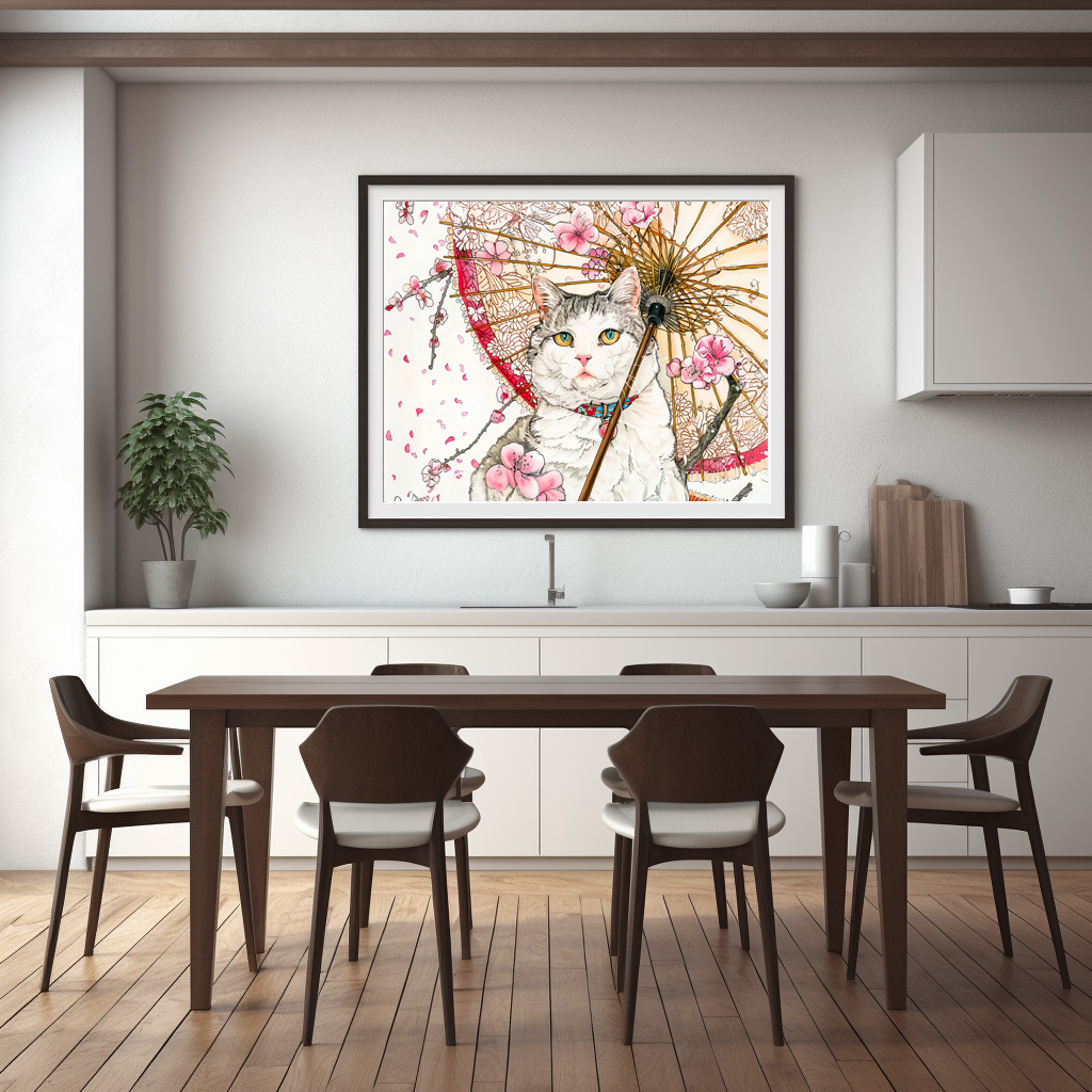Poster: Geisha Cat with Parasol and Cherry Blossoms in Chinese Ink Painting – Bild 3