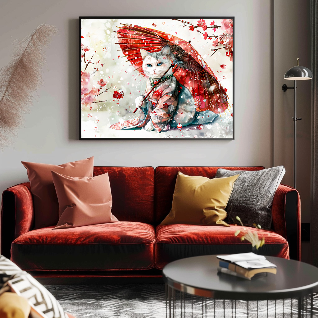 Poster: Mysterious Geisha Cat with P Red Parasol in Chinese Ink Painting Style