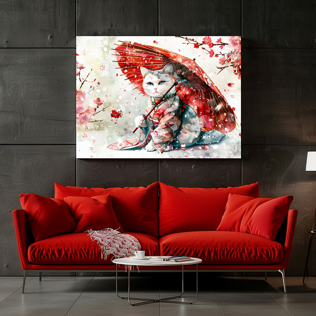 Poster: Mysterious Geisha Cat with P Red Parasol in Chinese Ink Painting Style - immagine 2