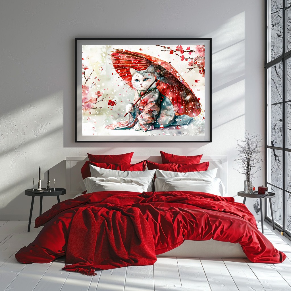 Poster: Mysterious Geisha Cat with P Red Parasol in Chinese Ink Painting Style - immagine 3