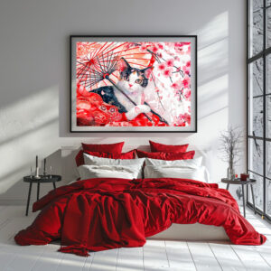 Poster: Geisha Cat with Umbrella in Chinese Ink Painting Style