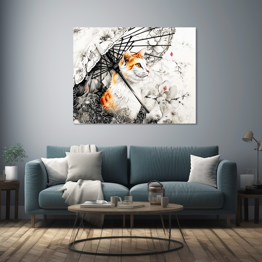 Poster: Graceful Geisha Cat with White Orchids in Chinese Ink Painting Style