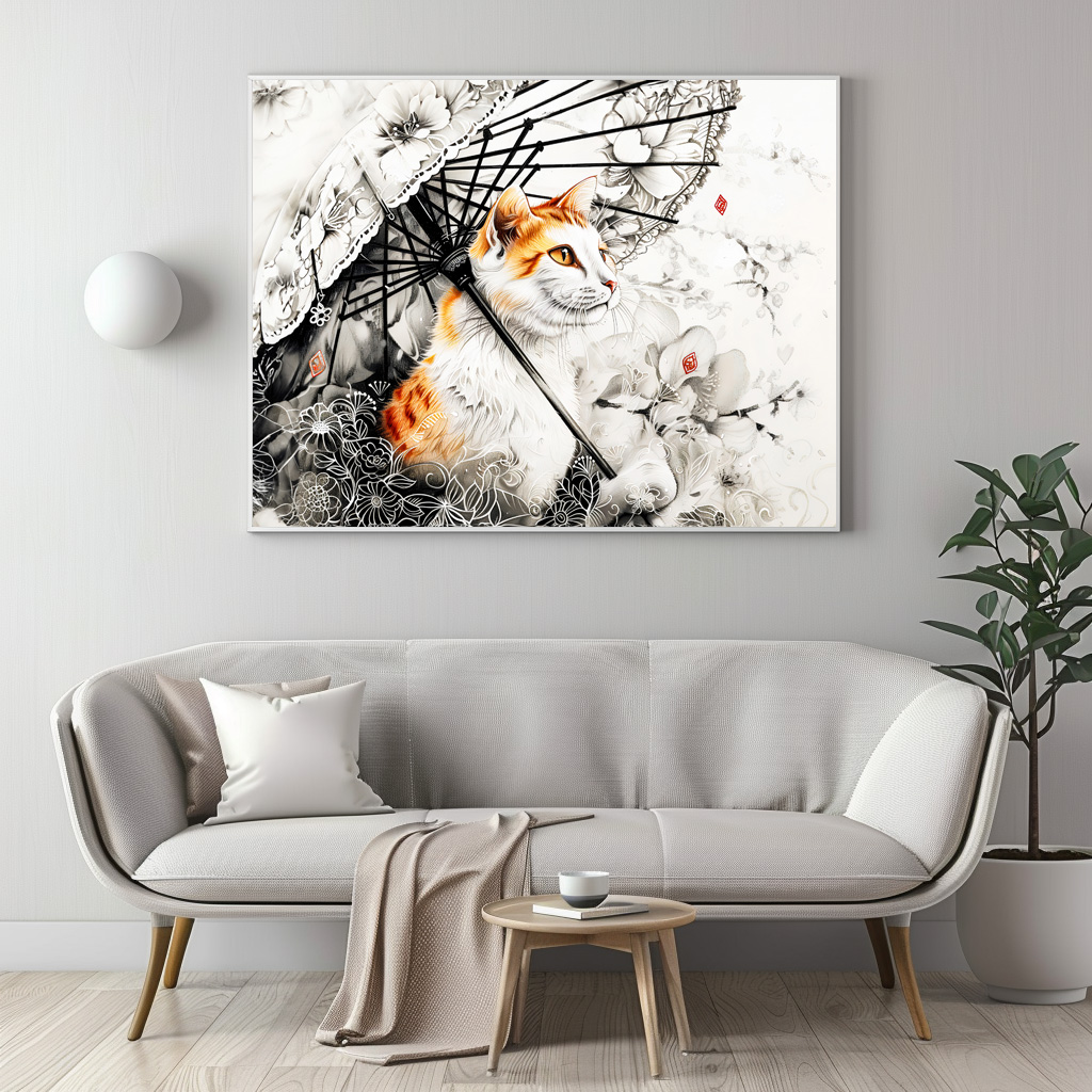 Poster: Graceful Geisha Cat with White Orchids in Chinese Ink Painting Style – Bild 2