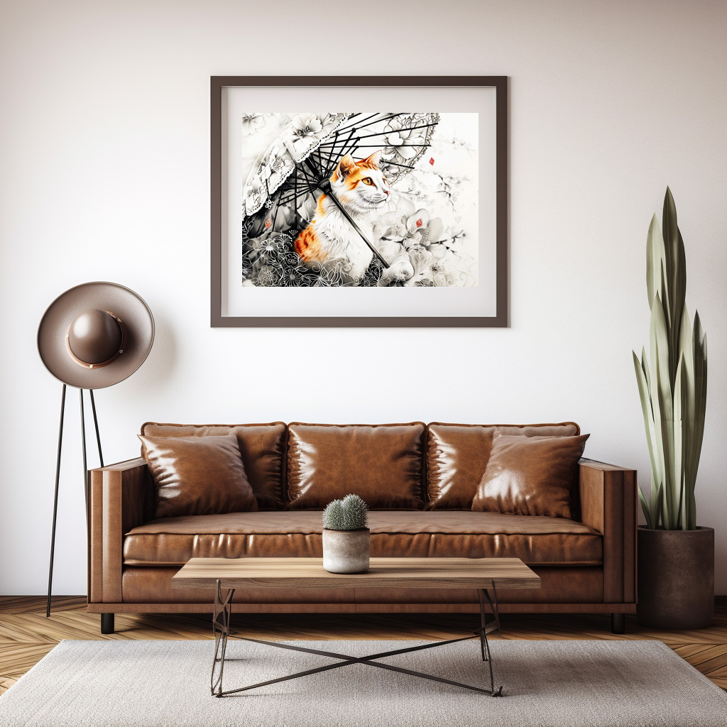 Poster: Graceful Geisha Cat with White Orchids in Chinese Ink Painting Style – Bild 3