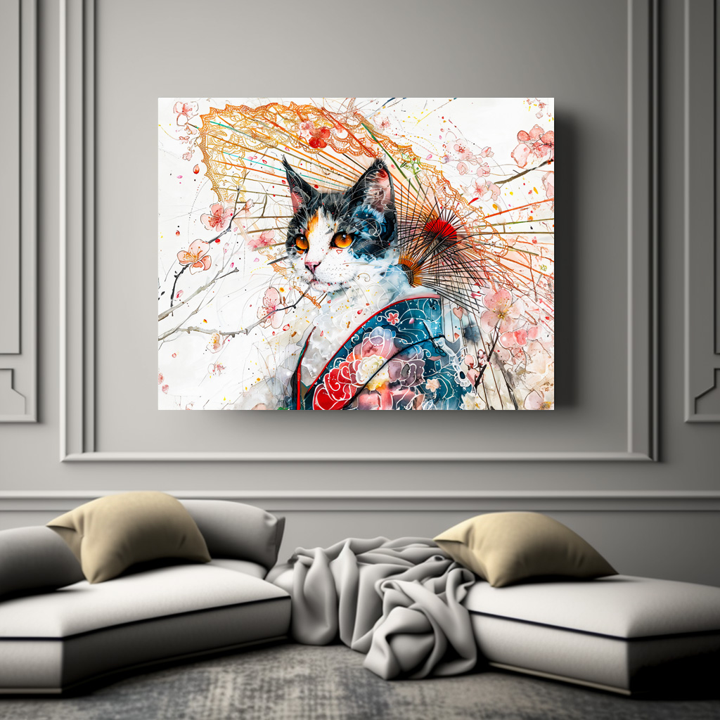 Poster: Calico Geisha Cat with Red Umbrella in Chinese Ink Painting Style
