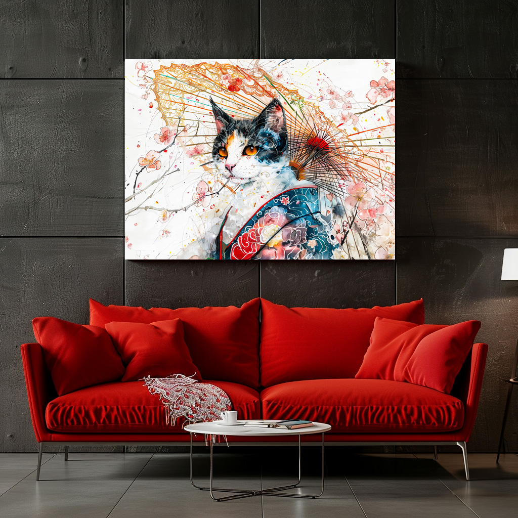 Poster: Calico Geisha Cat with Red Umbrella in Chinese Ink Painting Style – Image 2