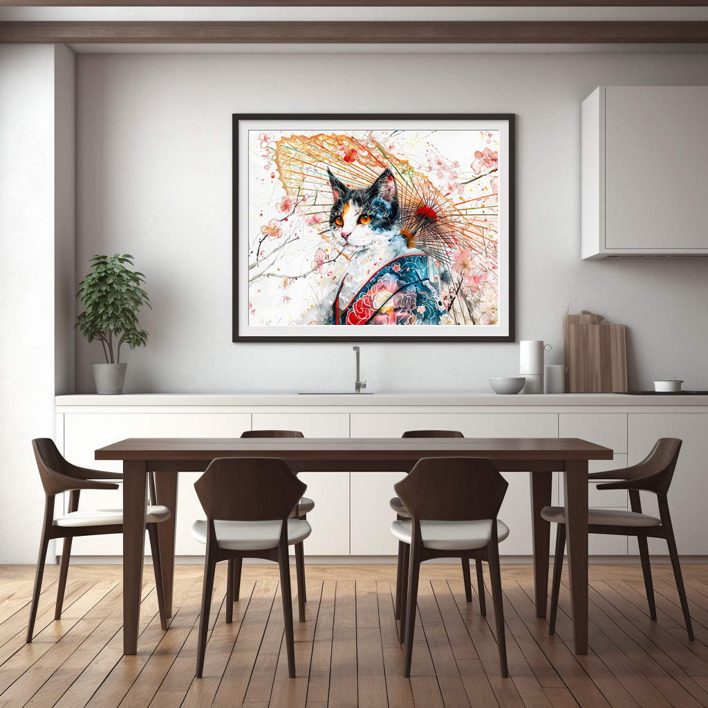 Poster: Calico Geisha Cat with Red Umbrella in Chinese Ink Painting Style – Image 3