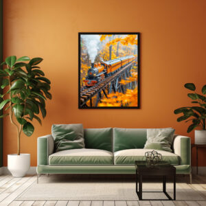 Poster: Miniature steam train on forest trestle bridge