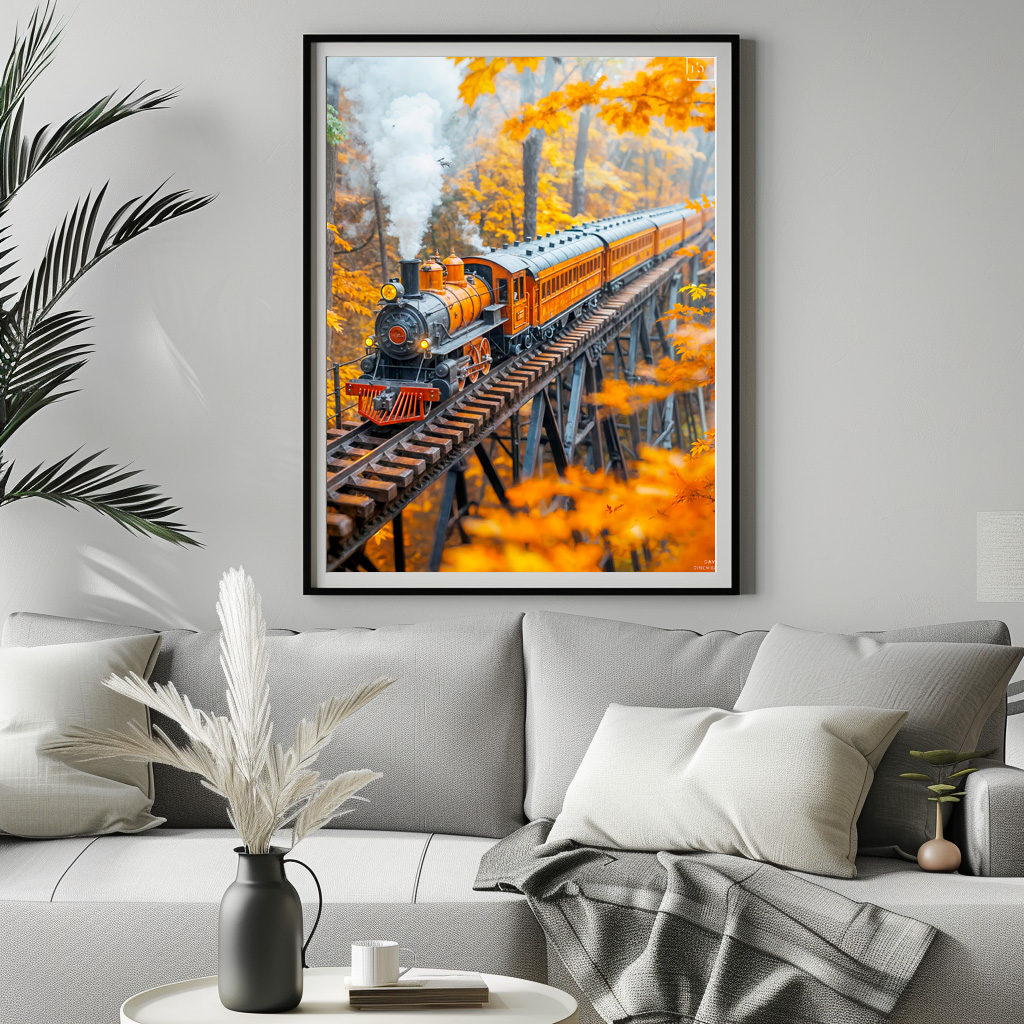Poster: Miniature steam train on forest trestle bridge – Bild 2