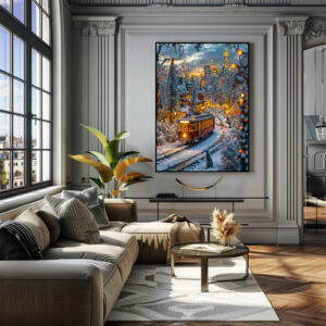 Poster: Miniature tram in snowy winter city