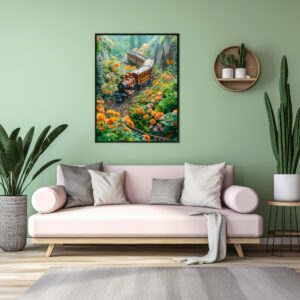 Poster: Miniature train in vibrant mountain meadow