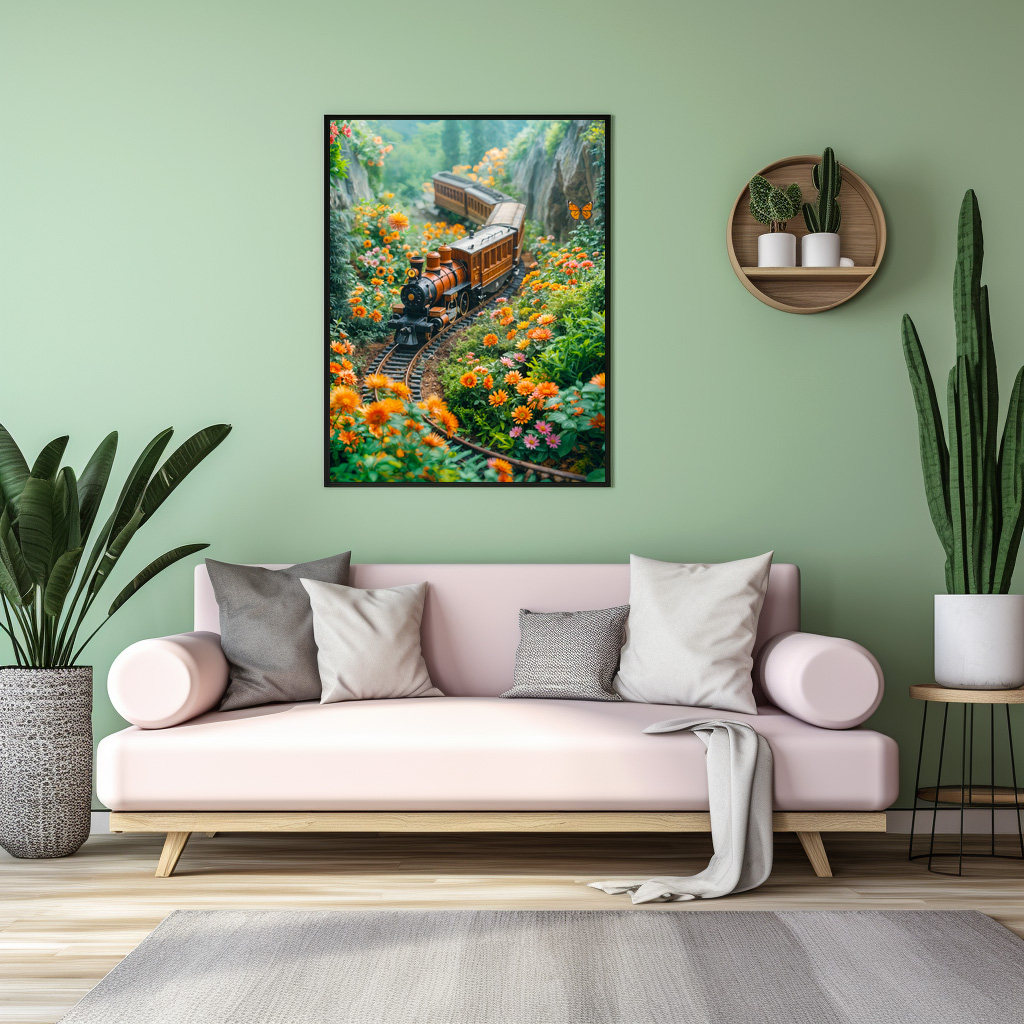 Poster: Miniature train in vibrant mountain meadow