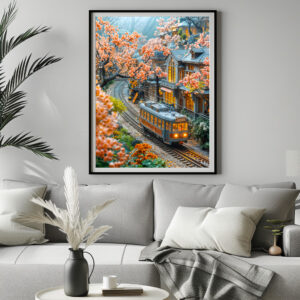 Poster: Miniature spring train under cherry trees