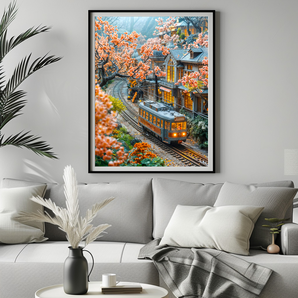 Poster: Miniature spring train under cherry trees