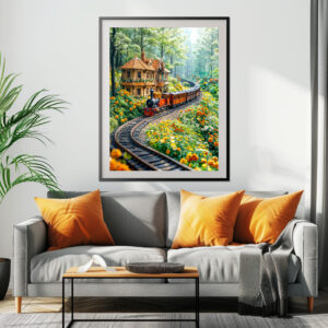 Poster: Miniature train winding through spring hills
