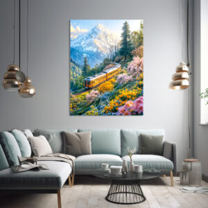 Poster: Miniature train in blooming alpine spring