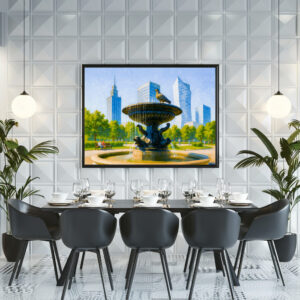 Poster: Fountain in central Warsaw detailed oil painting
