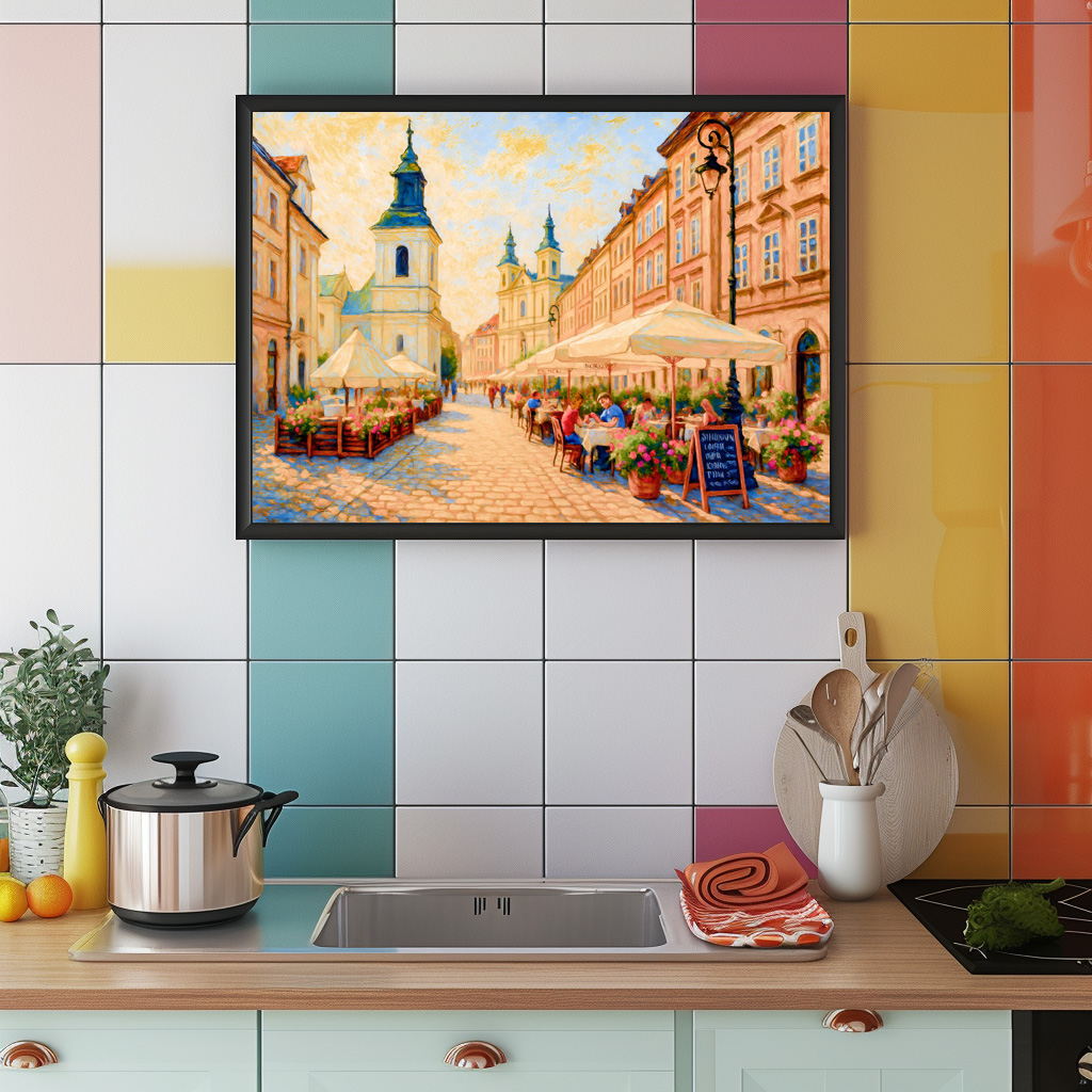 Poster: Cafe morning in Warsaw Old Town oil painting – Bild 2