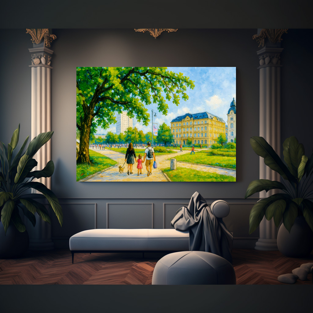 Poster: Park stroll in Warsaw oil painting with trees and skyline – Image 2
