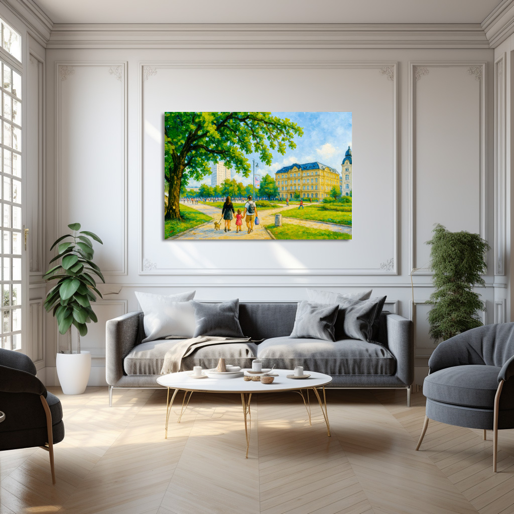 Poster: Park stroll in Warsaw oil painting with trees and skyline – Image 3