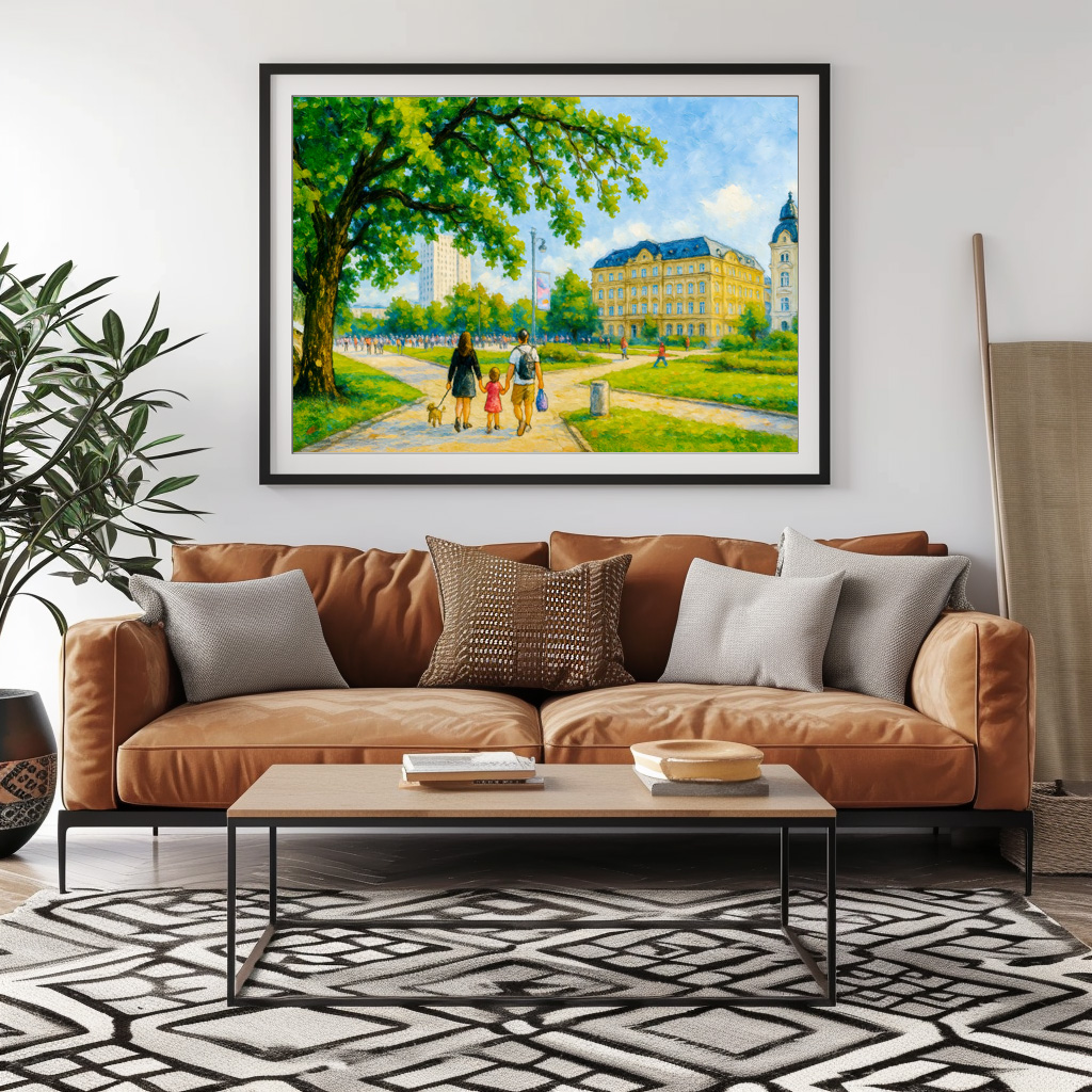 Poster: Park stroll in Warsaw oil painting with trees and skyline