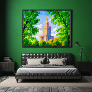 Poster: Palace of Culture Warsaw oil painting with foliage frame