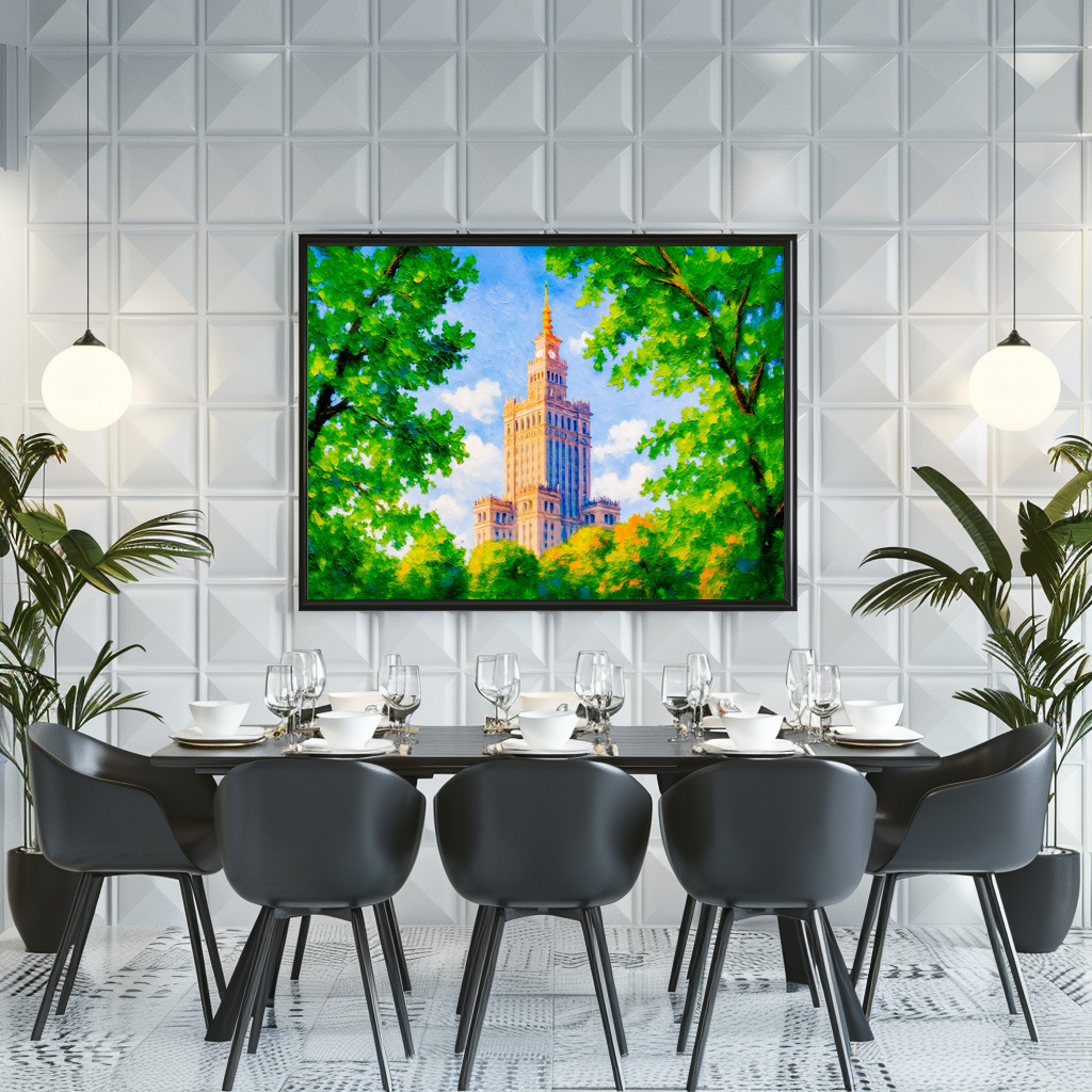 Poster: Palace of Culture Warsaw oil painting with foliage frame – Image 2