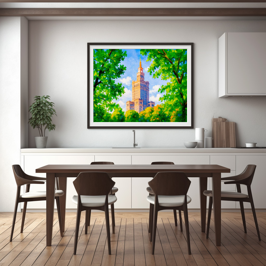 Poster: Palace of Culture Warsaw oil painting with foliage frame – Image 3